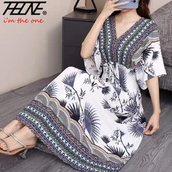 Plus Size Summer Dress Women 2024 Rope Robe Casual Elegant Retro Bohemian Korean Print Vestidos Para Mujer Long Dresses Clothes