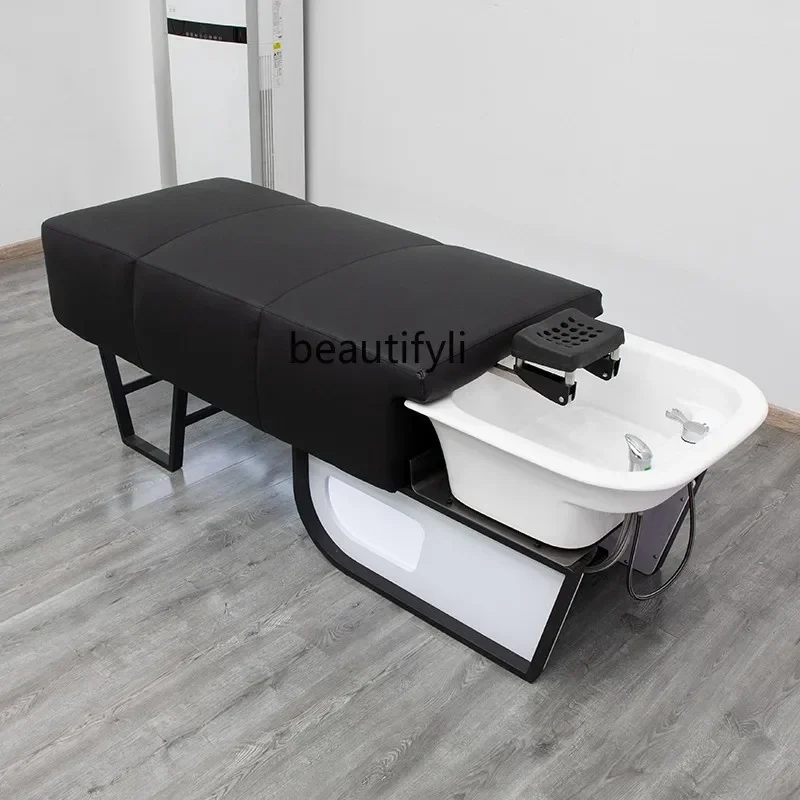 Barber Shop Shampoo Chair Lying Completely Hair Salon Flushing Bed Ceramic Basin Stainless Steel Salon Bed