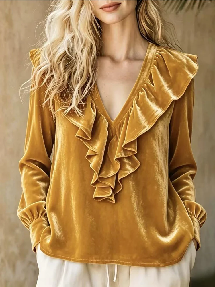 Autumn Women's Long Sleeve Casual Style Polyester Material 2026 New Fashion V-neck Ruffle Edge Top