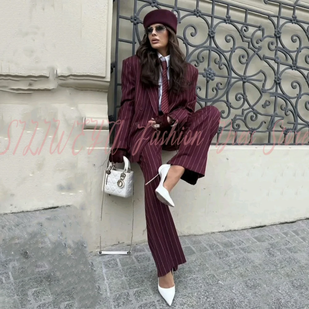 Elegant 2 Pieces Set Peak Lapel Double Breasted Women's Evening Party Suit 2026 Spring New Style Office Lady Stripe Jacket Pants