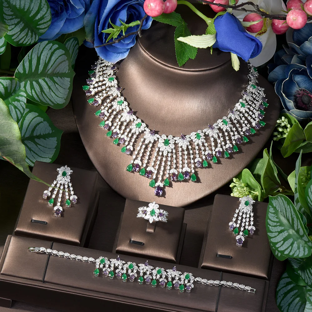 

HIBRIDE Vintage Green Flower Rich Zirconia Necklace Earrings Tassel Set Bridal Wedding Party Evening Gowns Accessories S-268