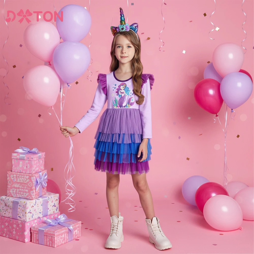 

DXTON Mermaid Princess Dress For Girls Birthday Party Costumes Cotton Winter Children Layered Mesh Cake Dress Todder Clothing