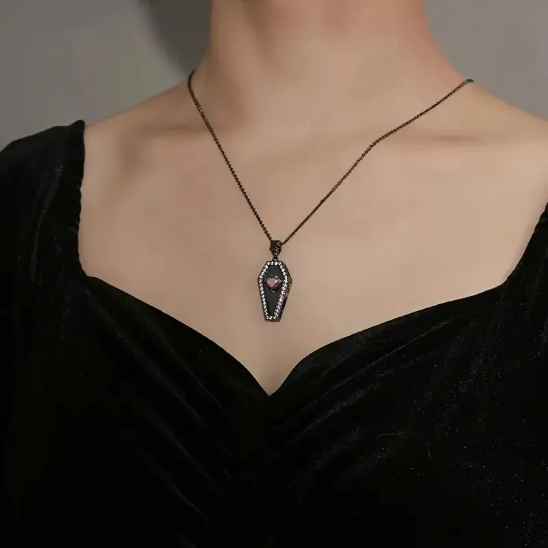Vintage Gothic Coffin Pendant Necklace with Red Heart zirconia Skull Detail, Synthetic Stones, Copper Chain, Dark Plating - Vers