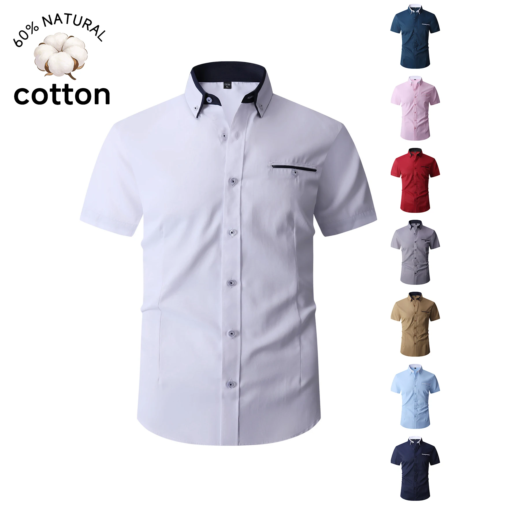 Camisa Social Masculina de Verão em Algodão com Manga Curta, Gola Contrastante e Bolso, para Escritório e Casamentos, Tamanhos Grandes M-5XL