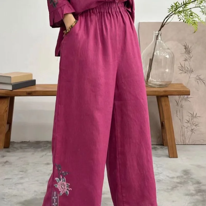 Embroidered Cotton and Hemp Summer Ethnic Style Leisure Art Retro Splicing High Waist Loose Solid Color Loose Wide Leg Pants