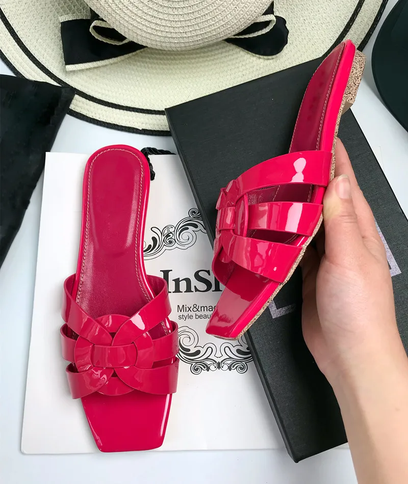 Bright Patent Leather Open Toe Knot Sandal Slipper Summer Slip On Shoes Women Beach Slide Shoes Calf Leather Tribute Flats