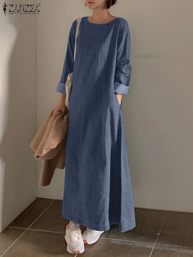 Fashion Long Sleeve Denim Dress 2024 ZANZEA Autumn O-Neck Solid Dresses Women Elegant Casual Work Party Sundress Vestidos Kaftan