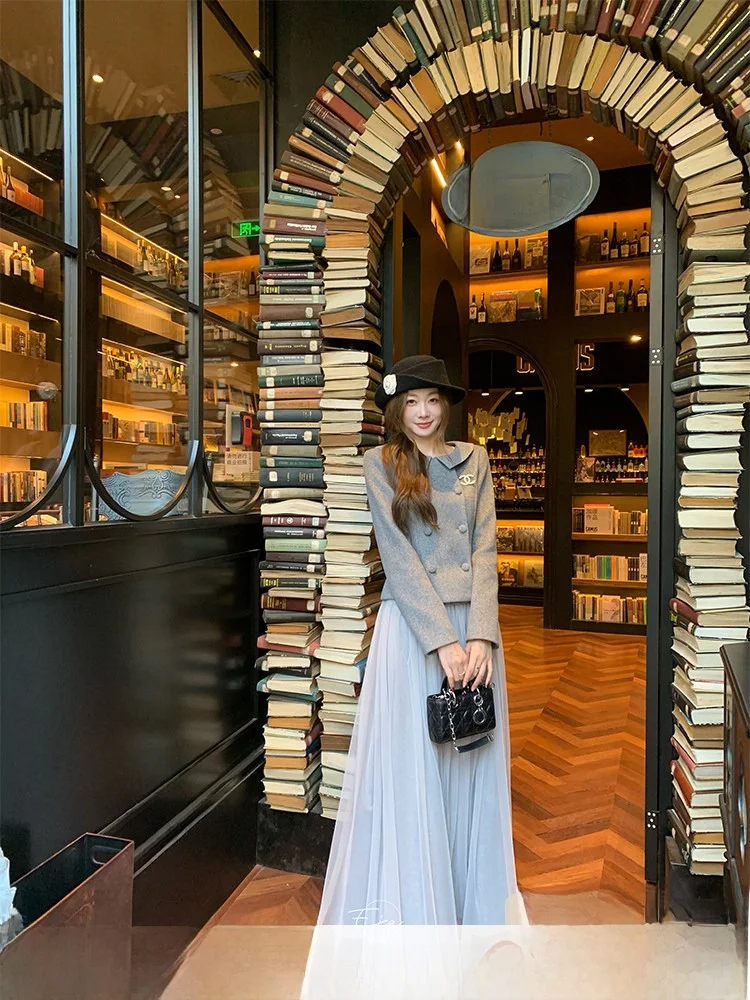 

Ele ey Berlin Woolen Suit Set for Women Autumn Winter Faion Small Fraance Sle Two-Piece Set High Waist Skirt