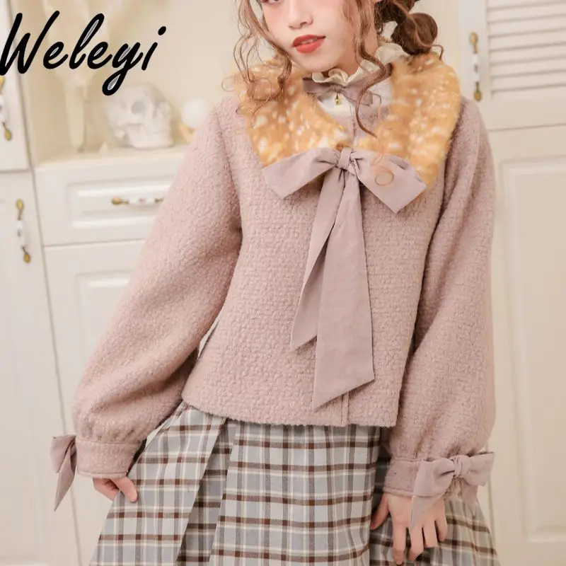 Sweet Bow Pink Short Woolen Coat for Girl Student 2024 Wiinter New Warm Kawaii Original Long Lantern Sleeve Cropped Jackets