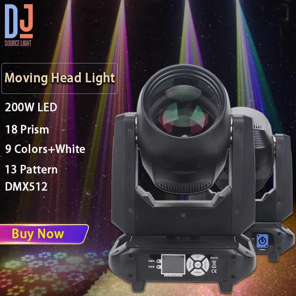 200W LED Moving Head Light Beam Spot 18 Prisms Auto Focus Effects DMX512 DJ Disco Party Club Wedding Stage Lighting Effect