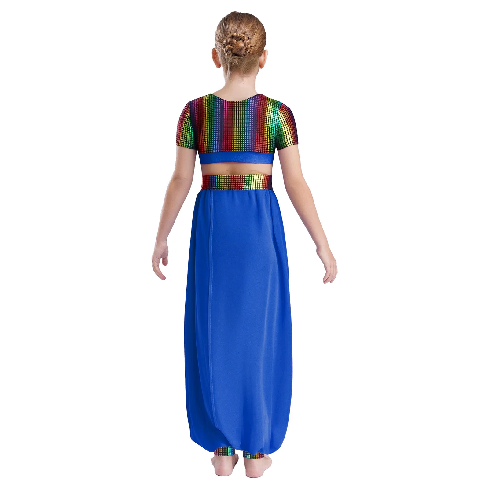 Vestito da ballo latino jazz per bambina, 2 pezzi, colletto tondo metallico, maniche corte, top corto con pantaloni a fiori, abbigliamento da ballo moderno per la pancia