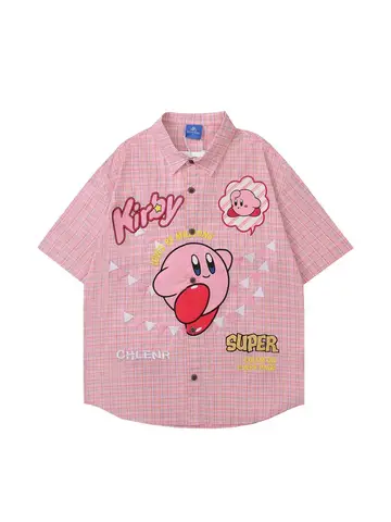 HELLOMARCEL 최고 품질 streetwear EU 미국 크기 y2k 귀여운 재미 만화 수 놓은 남여 느슨한 캐주얼 격자 무늬 반팔 셔츠