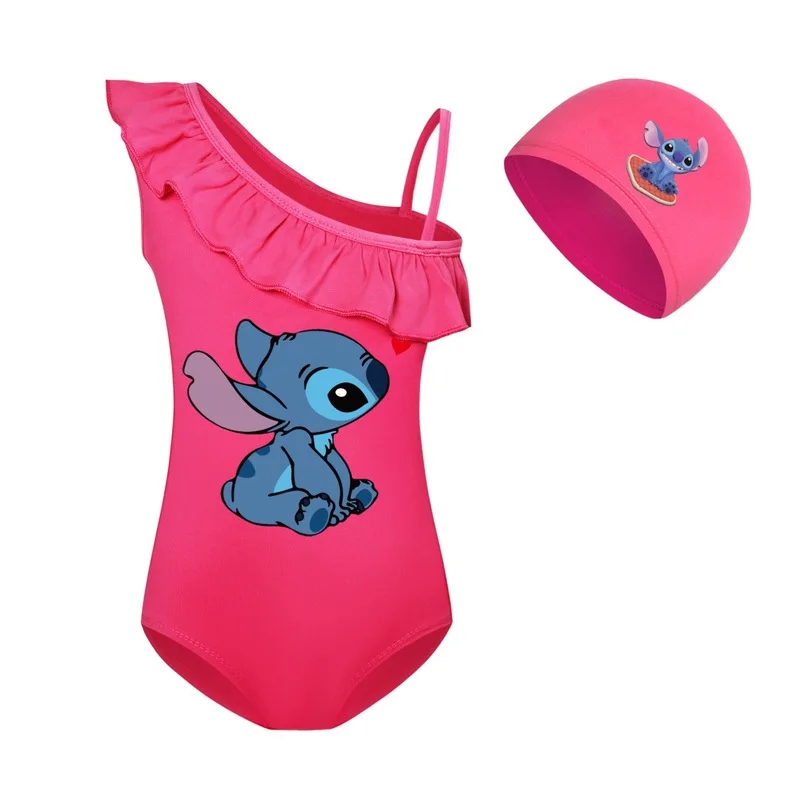 Summer Kawaii Girls One-piece Swimsuit Cartoon Lilo & Stitch Baby Swimming Cap Set Children Movement Outfit Learn To Swim Tops