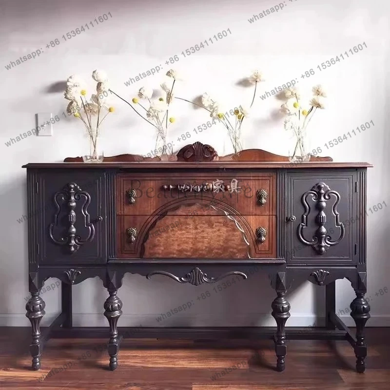 

French retro solid wood foyer entrance cabinet dining side cabinet storage American country living room wall decoration