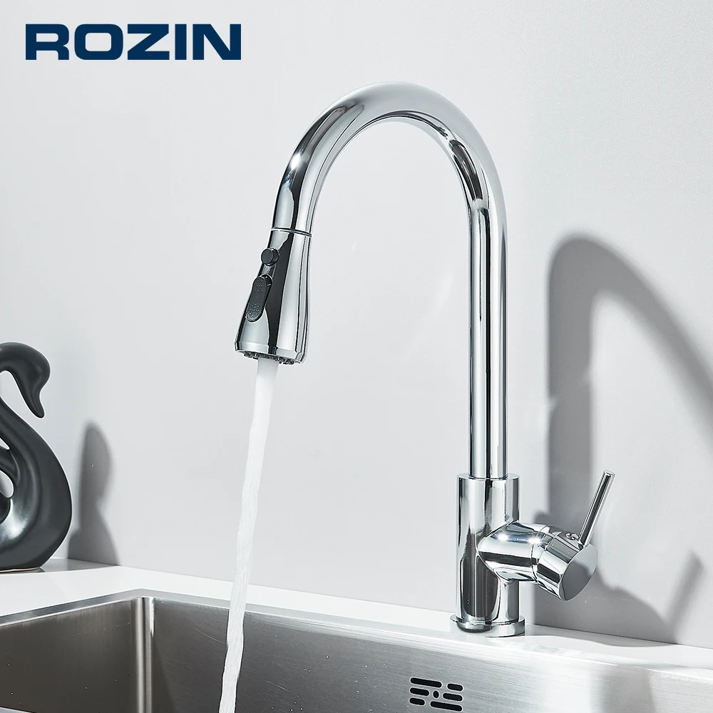 Rozin Chrome Kitchen Faucet Deck Mounted Pull Out Spout Kitchen Sink Mixer Tap Single Level Stream Sprayer Nozzle Mixer Tap