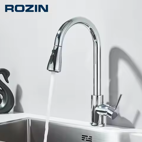 Rozin Chrome Kitchen Faucet Deck Mounted Pull Out Spout Kitchen Sink Mixer Tap Single Level Stream Sprayer Nozzle Mixer Tap