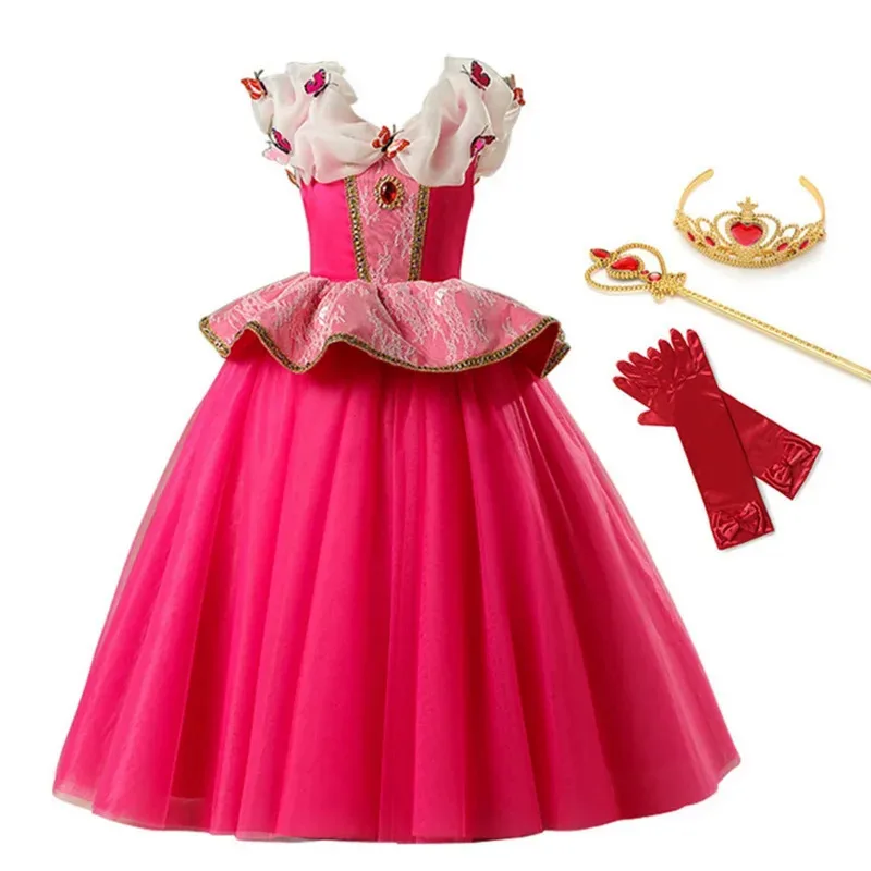 

New elegant sleeping beauty cosplay princess costume kids Christmas party clothing lace floral ball gown dress for girl