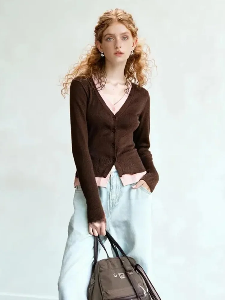 

ZhuoZhi Casual Comfortable Long Sve V-Ne Knitted Sweater Color Blo Design Autumn New Sle Soft Fine Gauge Knitwear