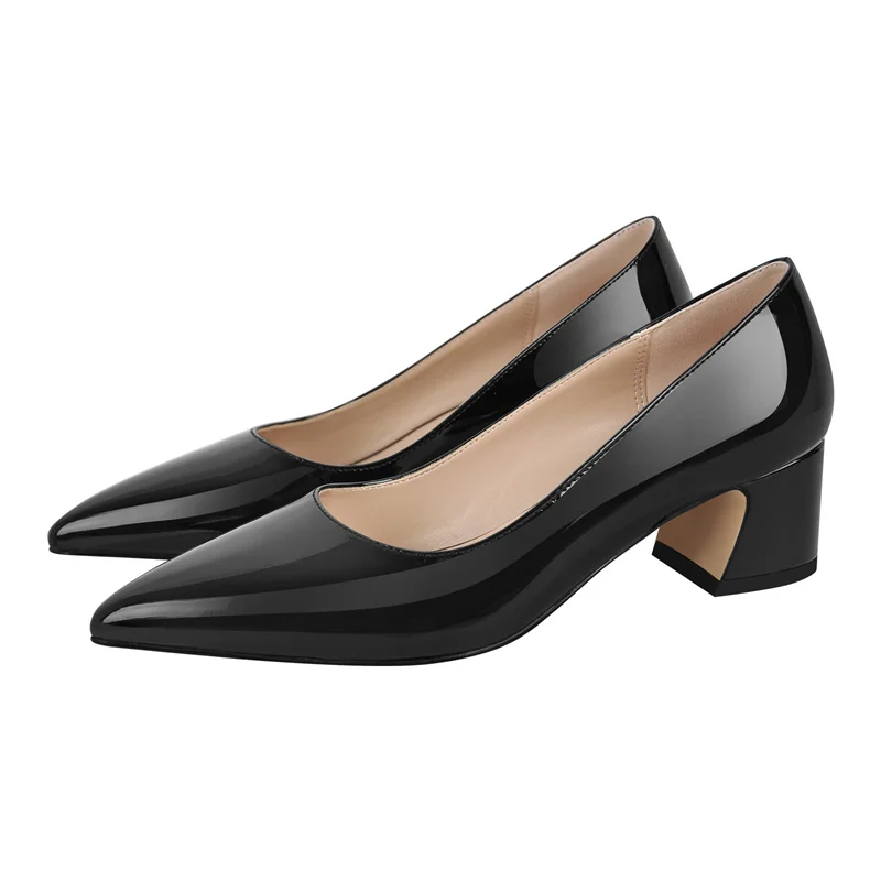 Onlymaker Women Pointed Toe Pumps Dark Green Patent Leather Block Slip On Thick Heel Elegant Chunky Heels