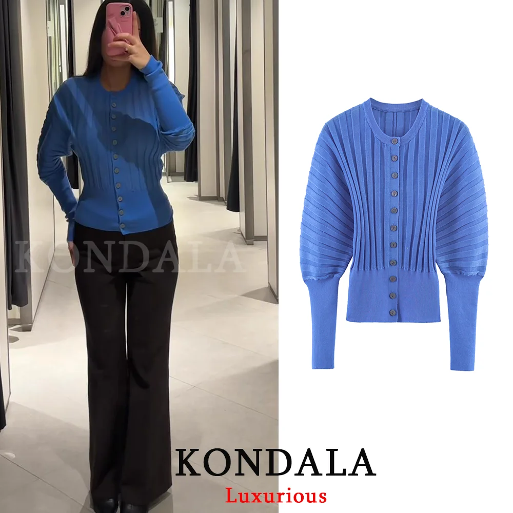 KONDALA Streetwear Lässiger Chic Damen-Cardigan Blau O-Ausschnitt Einreihig Gestricktes Oberteil Mode 2026 Frühling Urlaub Party Cardigan