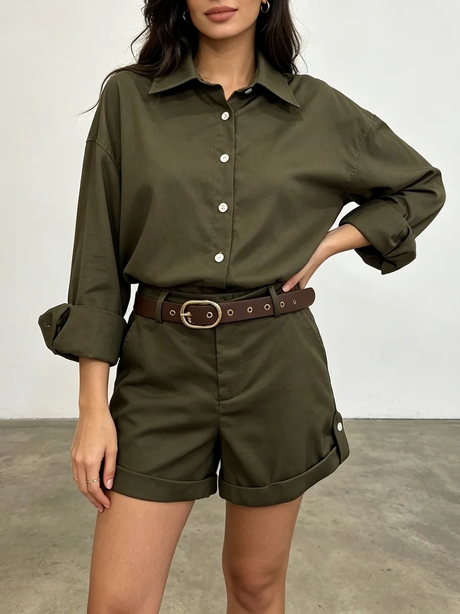 TWOTWINSTYLE ArmyGreen Two Piece Set For Women Lapel Roll Up Sleeve Button Down Shirt Cargo Shorts With Belt Casual Daily Outfit