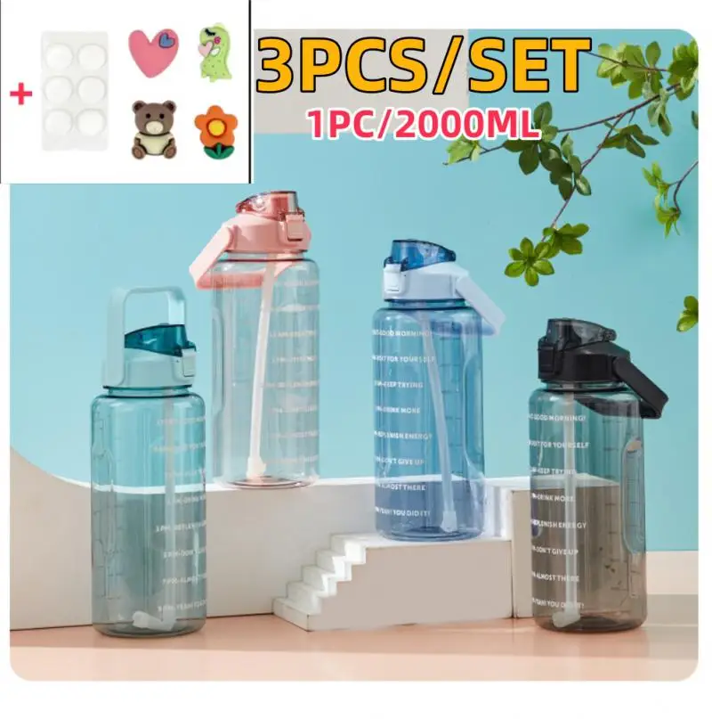 1Set 2L Plastic Camping Gradient Water Bottle Portable Water Bottle with Straw Space Leakproof With Time Marker Outdoor Travel