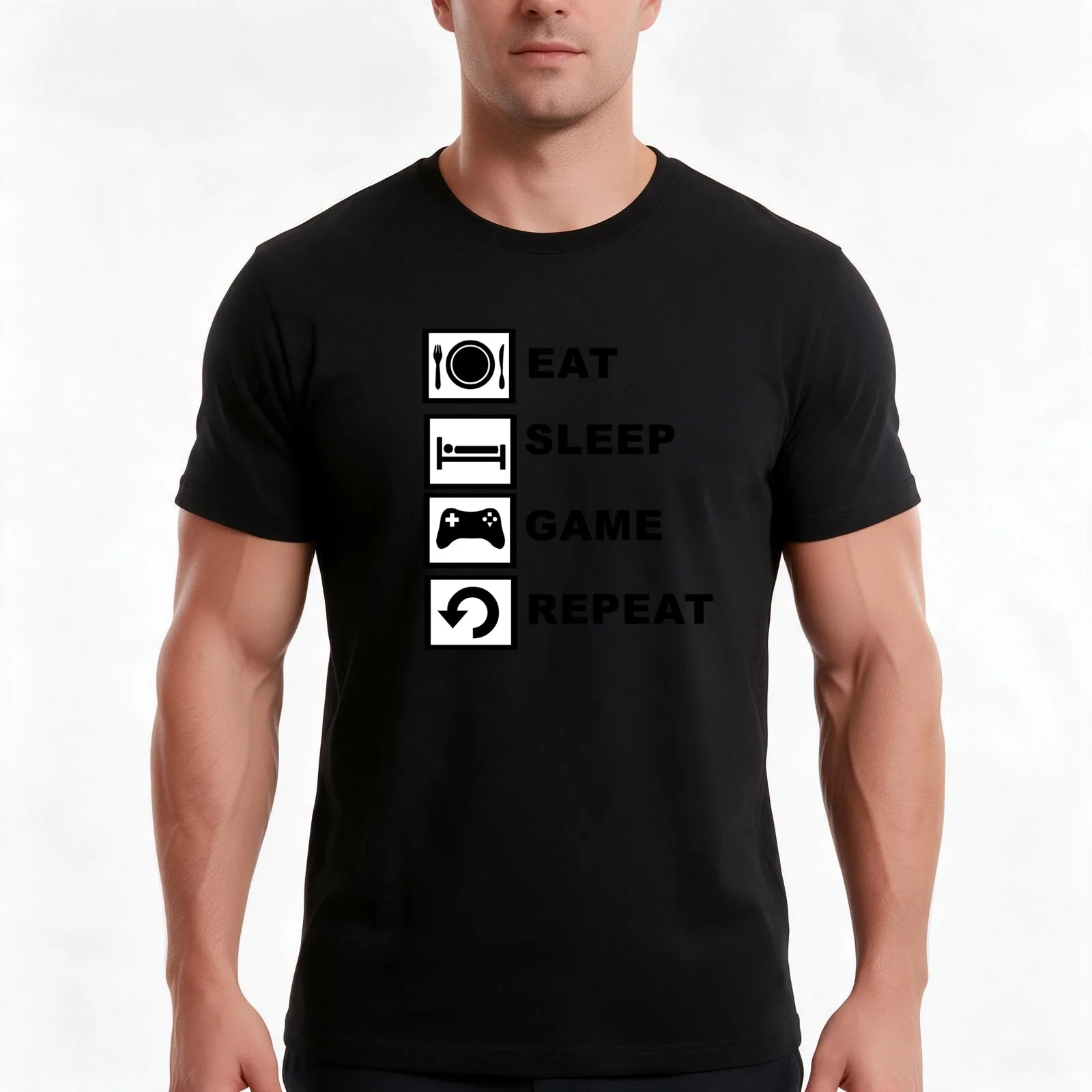 Eat, Sleep, Game, Repeat. T-Shirt, Summer Casual Cotton Tee, Oversized Streetwear Tops, Vintage Graphic Print, Unisex Men Women