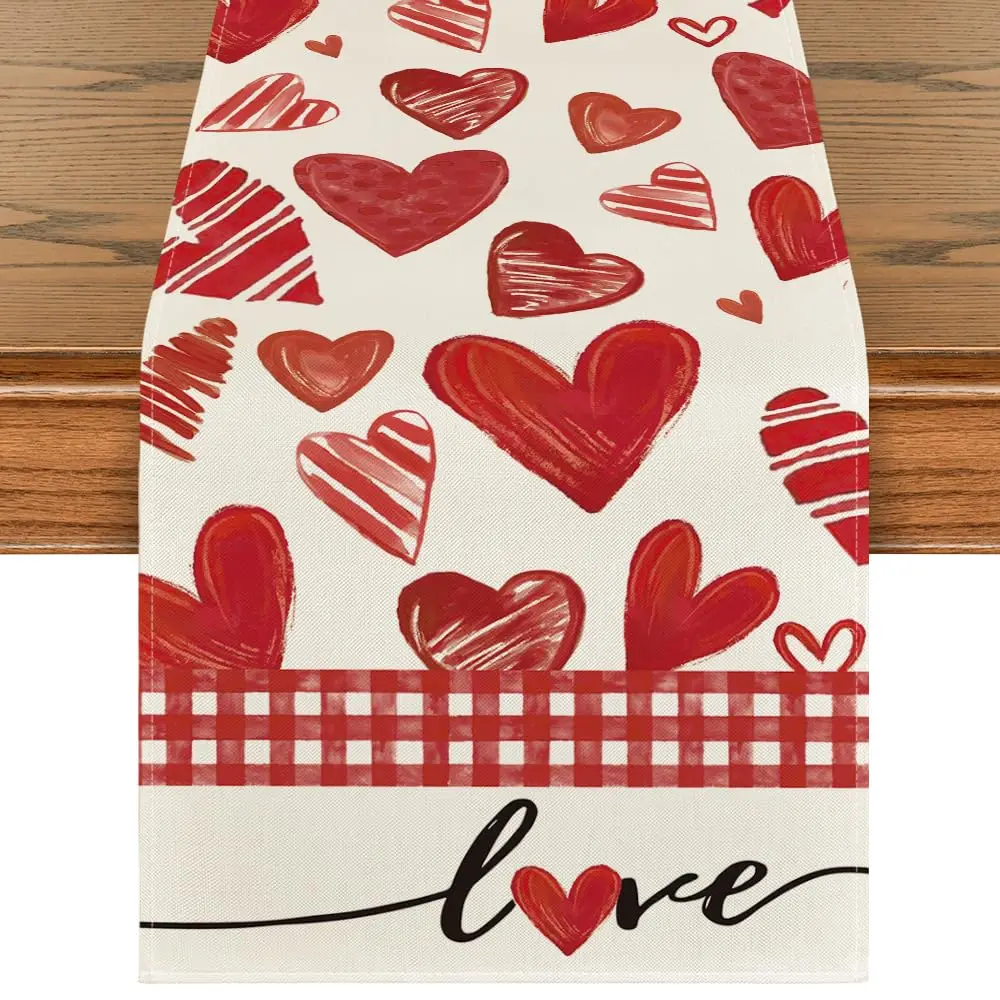 Red Buffalo Plaid Table Runner, Love Heart, Valentine's Day, Anniversary, Kitchen, Dining Table Decoration, Home Party Decor