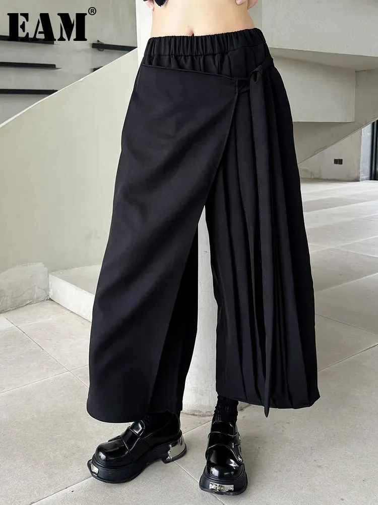 

[EAM] High Elastic Waist Black Bandage Pleated Long Wide Leg Pants New Trousers Women Fashion Tide Spring Autumn 2024 1DH6554