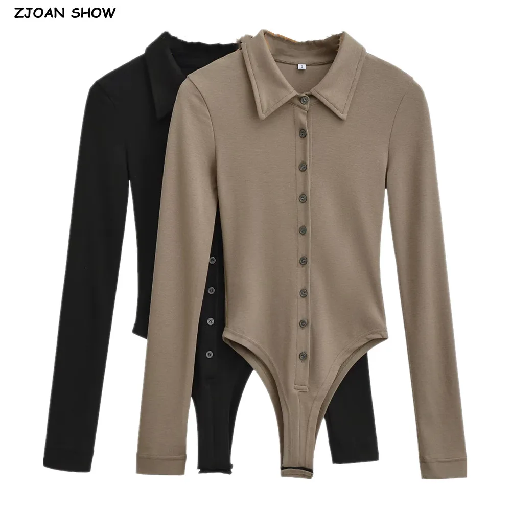 Vintage Khaki POLO Lapel Collar Long Sleeve Bodysuit Woman Front Open Buttons Short Jumpsuit Slim Fit Rompers Bodycon Playsuits