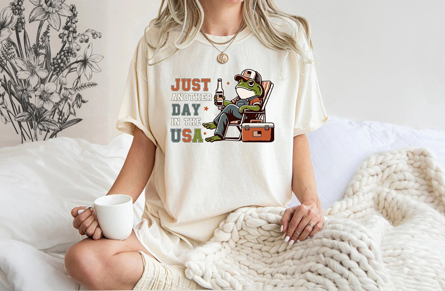 Just Another Day in USA Funny Slogan Women T-shirt Vintage Cartoon Fishing Frog Print Female Shirt Trend Holidy Trip Girl Tee