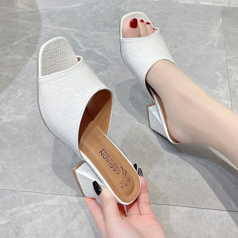 Gingham Slippers Women New Summer Shoes Women Thick-heeled High-heeled Sandals Slippers Fashion Half-slippers Women Mules Slides