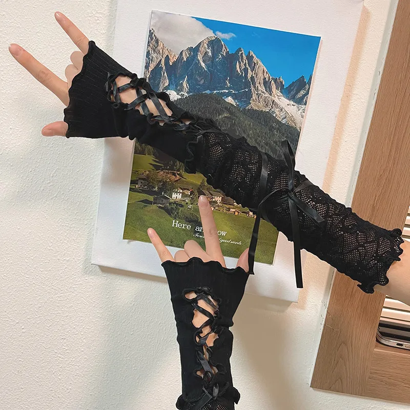 Weiße lolita jk Spitze finger lose Handschuhe Frauen Gothic DIY Umreifung Sonnenschutz Ärmel Kleidung Zubehör elastische Mesh Punk Handschuh