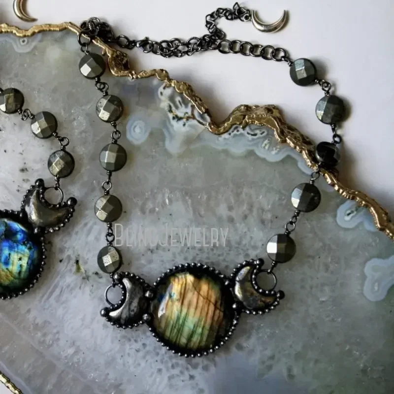 10pcs Labradorite Moon Phase Statement Necklace Women Pyrite Choker Goth Wicca Stainless Steel Collar Arcane Tiki y2k Jewelry