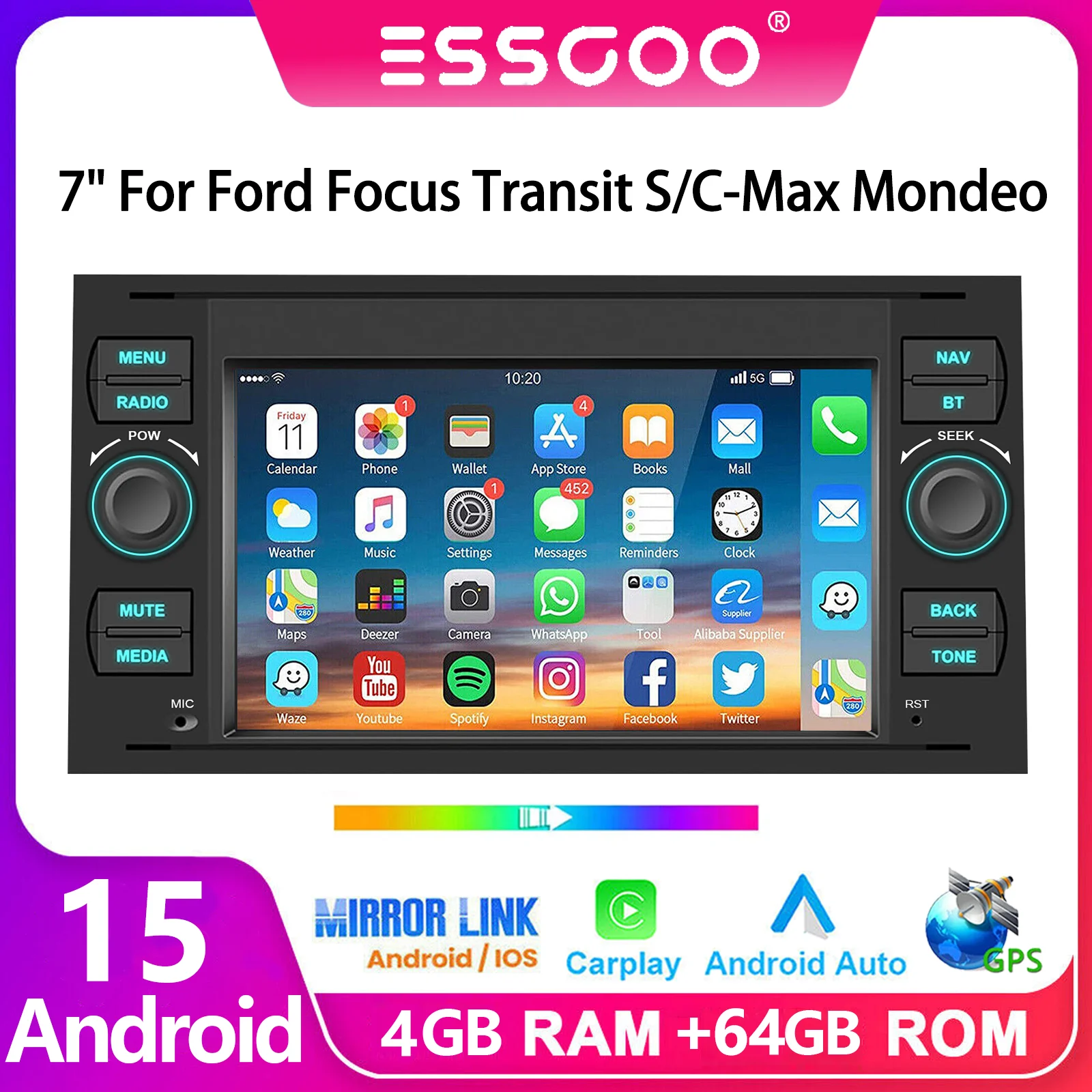 ESSGOO Autoradio 7 Pollici Android 15 Per Ford Focus MK2 Transit MK7 Mondeo CMax Kuga Galaxy Fiesta Fusion Wireless Carplay Android Auto GPS Navigazione FM BT WiFi SWC RDS Mirror Link Unita Centrale