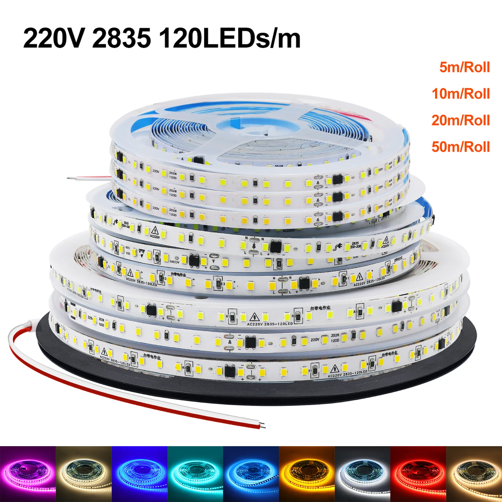 

AC 220V 240V LED Light Strip 5m 10m 20m 50m/Roll IP44 2835 120LEDs/m LED Strip without Transformer 9 Colors Kitchen Cabinet Lamp