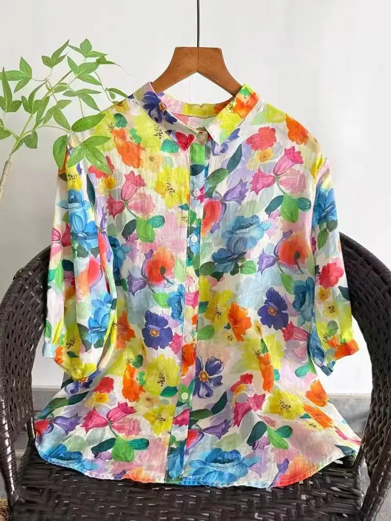 

Женская рубашка из чистого рами с принтом в тайском стиле, винтажная, с цветочным узором, летняя, в стиле бохо, 2026