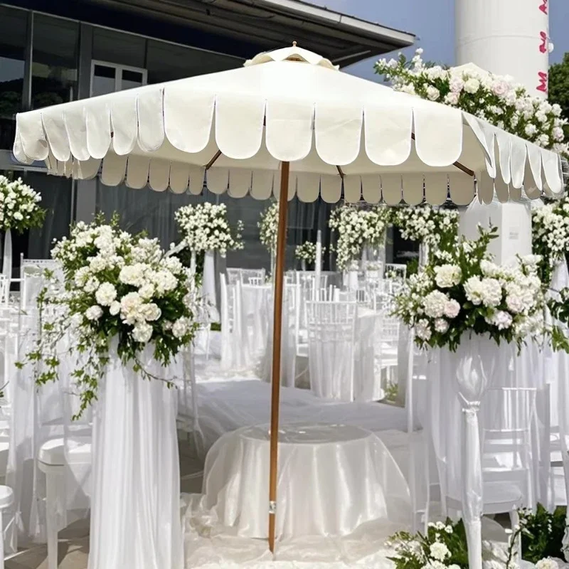

Charming antique white beach umbrella garden outdoor wedding scalloped fringed umbrella luxury parasol
