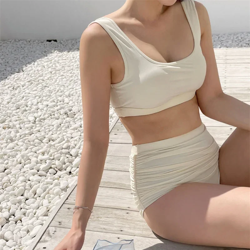 

Gather Bra Swimsuit Woman Two-Piece Triangle Wrinkle Bikini High Waist Cover Belly Swimwear Korean Solid Hot Spring Bathing Suit