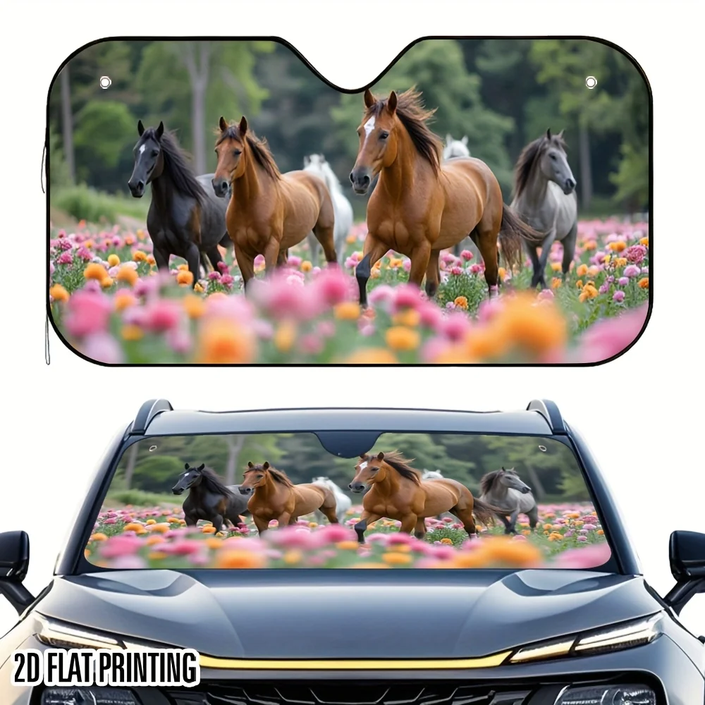 1pc Galloping Horse In Sea Of Flowers Print Car Sunshade - Foldable Fit With 4 Suction Cups, Heat-Resistant Car Interior Protect