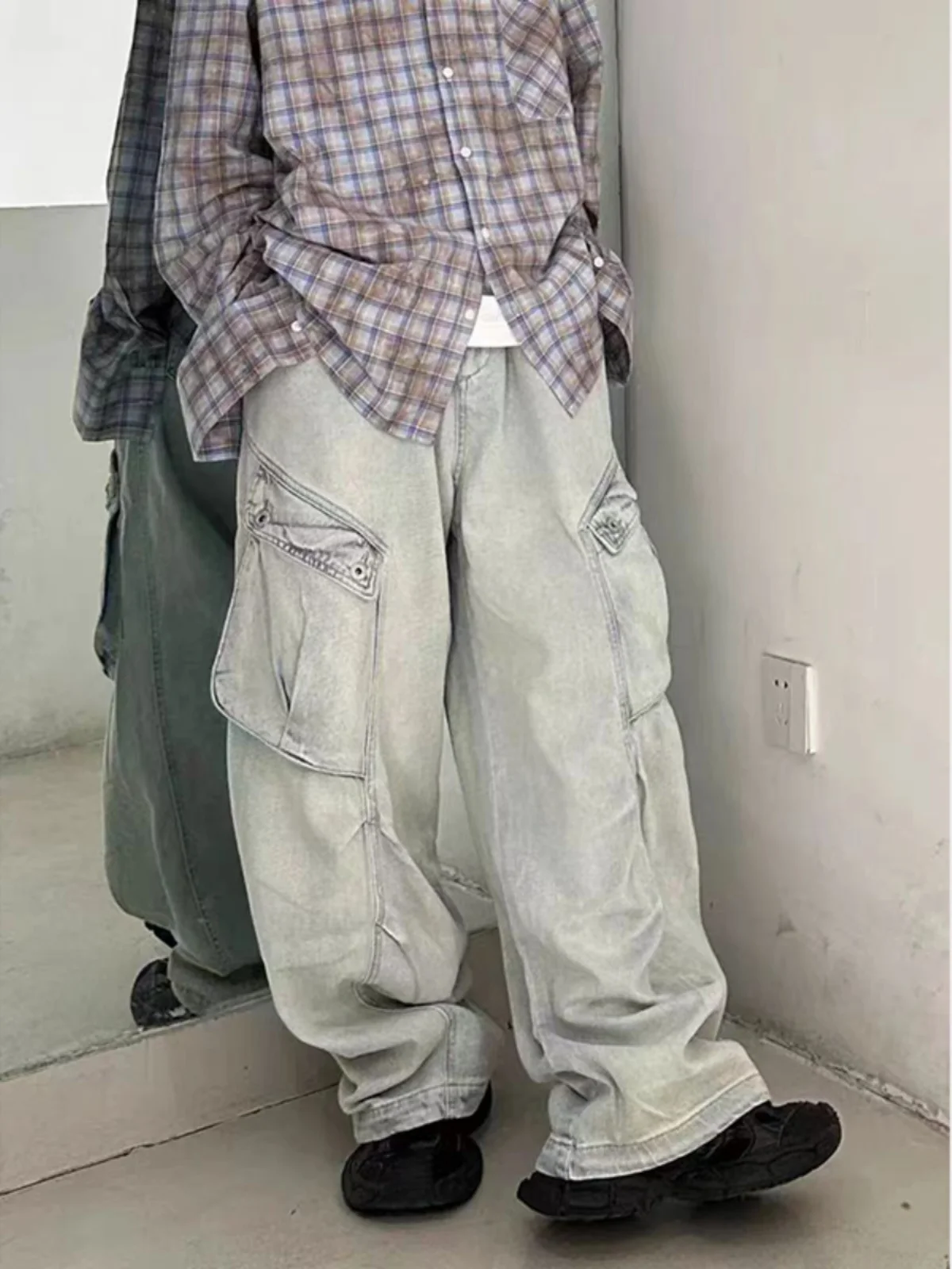 

Свободная рабочая одежда с широкими штанинами, винтажные американские мужские джинсы с завязками, осень-зима, большие размеры 35 кг, дышащие молодежные модные джинсы