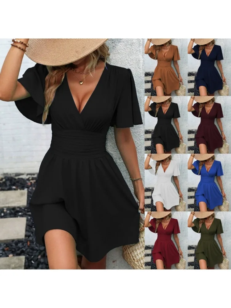 Robes 2025 femme été nouveauté col en v manches à volants couleur unie robe femme vêtements hauts jupes Y2k vêtements