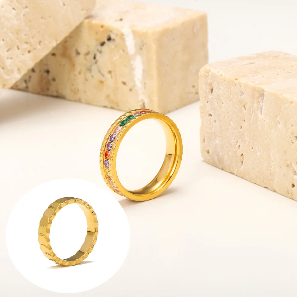

Colorful White Classic Rainbow Cubic Zirconia Stainless Steel Fashion Stacking Ring Gold Plated Jewelry New Women Daily Wear
