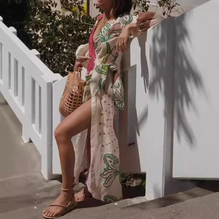 2025, bedrucktes Maxikleid für Damen, langärmelig, Urlaubs-Strand-Outfit, Gürtel, V-Ausschnitt, Knopfleiste, Boho-Urlaub, Kimono-Cardigan-Kleid