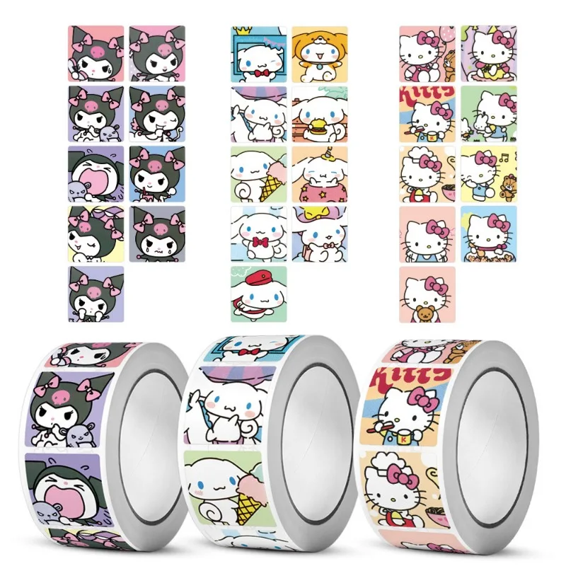 200Pcs/roll Sanrio Sticker Kawaii Kuromi Hello Kitty P Cinnamoroll Cartoon Kids Reward Stickers Gift Decoration Decals Toys