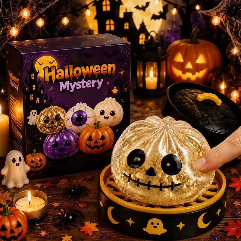 Boîte Mystère d'Halloween : Jouets Squishy Pailletés Citrouille, Fantôme, Œil – Jouet Anti-Stress à Presser – Cadeau d'Halloween pour Enfants