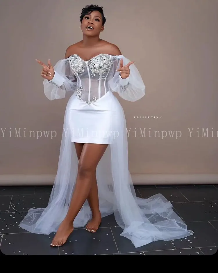 White Wedding Robes for Bride Africa Bridal Shower Dresses Off Shoulder Long Sleeve High Low Silver Crystal Appliques Customized