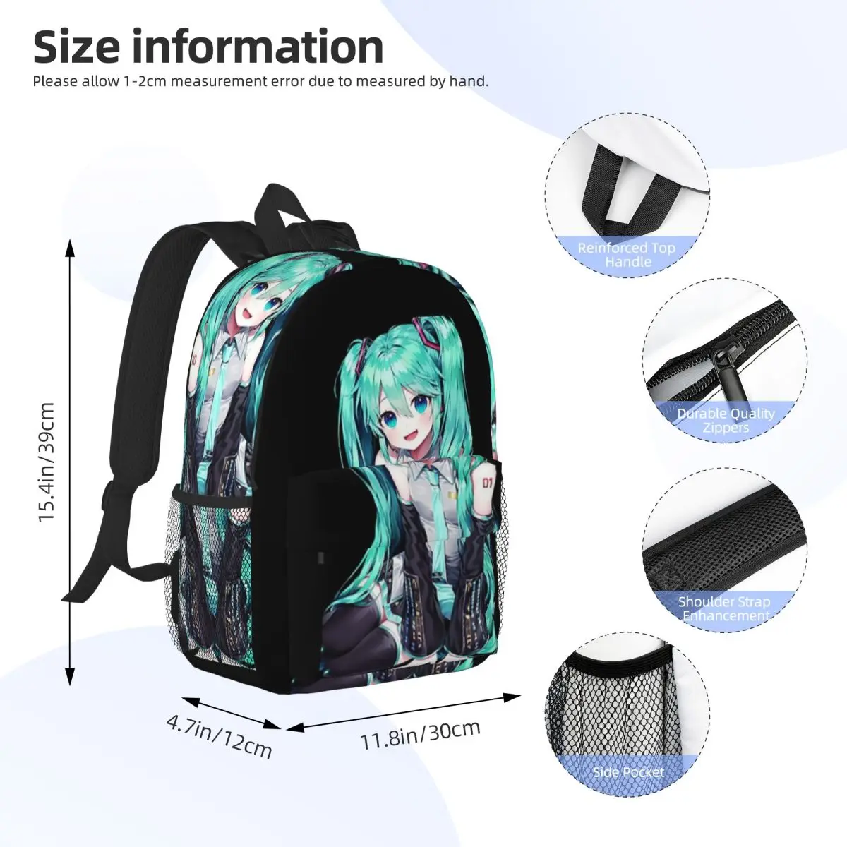 Tas sekolah kasual ringan motif hatsune-miku untuk sekolah, luar ruangan, belanja, kantor 15 inci