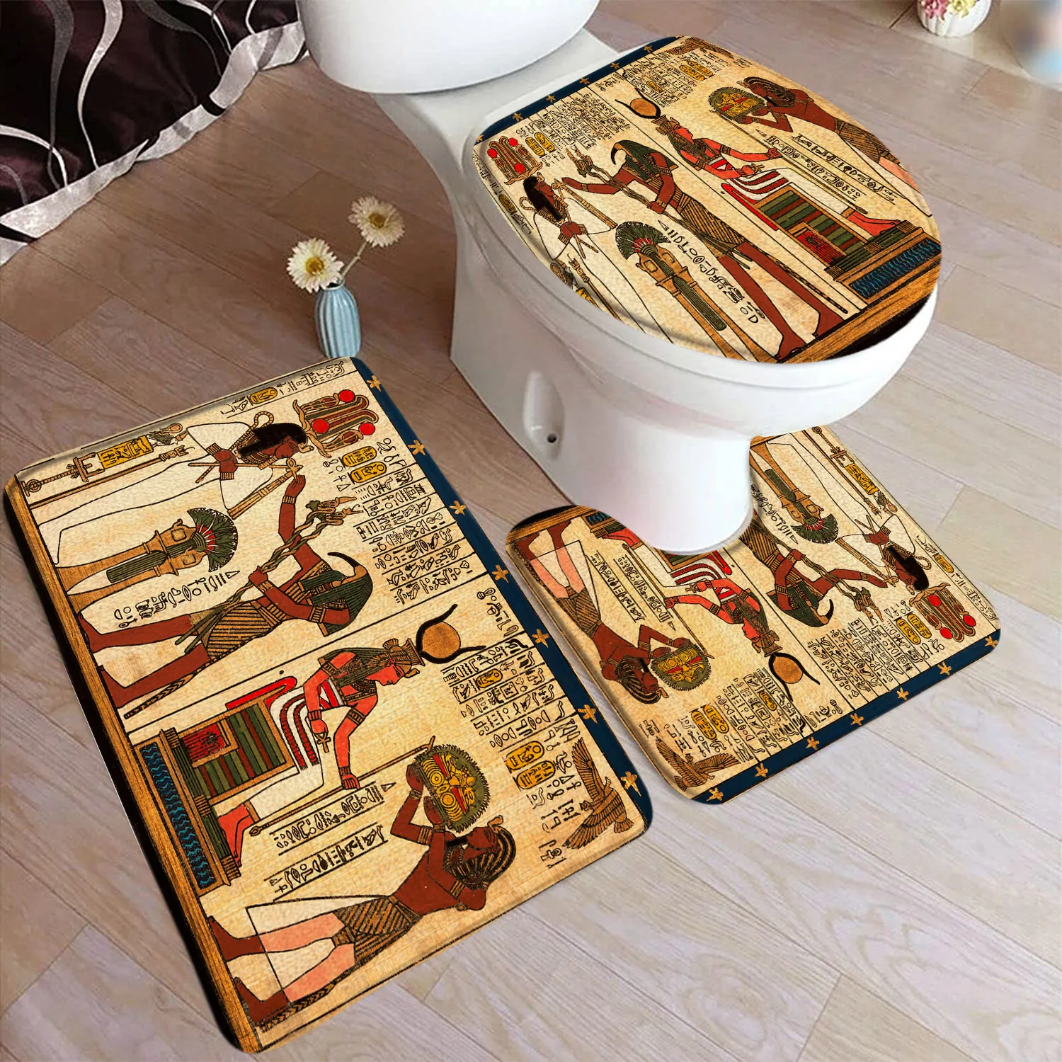 Ancient Egyptian Bath Mat Set Temple Pharaoh Ethnic Style Vintage Home Carpet Bathroom Decor Floor Rug U-shaped Pad Toilet Cover