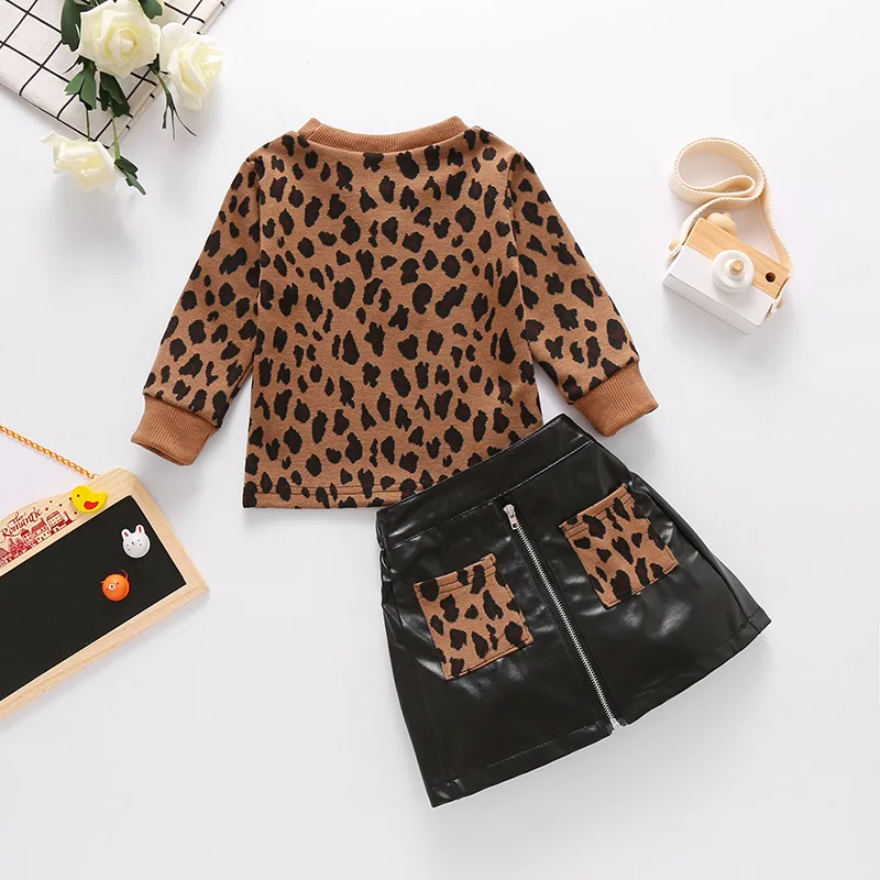 Children Sets Spring and Autumn New Brown Leopard Print Long Sleeve Pullover Top Leather Zipper Skirt Two-piece Set